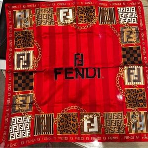 Vintage Fendi Red Silk Scarf – Chain & FF Logo Patch Print, 1980s-1990 EUC Italy